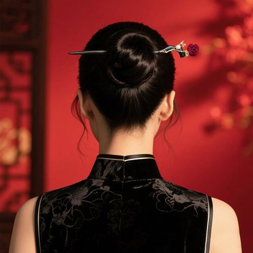 红色发簪玫瑰花珍m珠金属缠花黑檀木加长新中式盘发器簪子发钗女 - 图1
