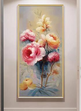 现代简约酒店客厅玄关装饰画挂画新中式牡丹花竖行画过道走廊壁画