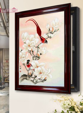 电表箱遮挡装饰画 配电箱客厅中国画 侧开免打孔实木框带钟表壁画