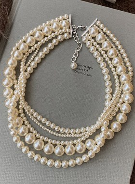 时尚法式双层多层叠戴大小珍珠项链女轻奢小众设计高级锁骨毛衣链