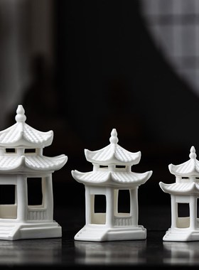 大号创意双层六角亭陶瓷摆件古建筑微景观设计水族箱鱼缸造景装饰