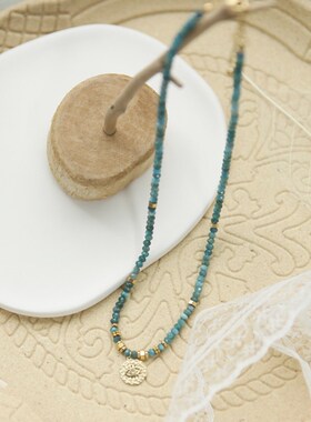 民族风复古绿蓝色系天然彩石天使之眼吊坠项链 精致颈链锁骨链子
