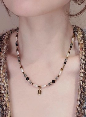 清冷感黑灰色复古天然石串珠项链女小众高级感毛衣链装饰配饰