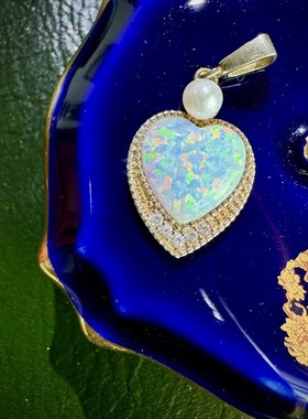 心形吊坠通体925银天然珍珠爱心银吊坠古董设计澳宝欧泊礼物女
