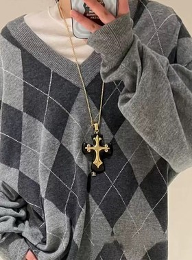 25年新款做旧檀木十字架项炼耳环女覆古轻奢夸张小众长炼 炼