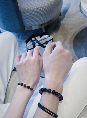 天然金曜石紫水晶水晶手链情侣款纯银手串一对纪念信物简约礼物