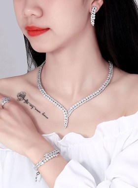 超闪奢华锆石微镶新娘项链耳环套装饰品婚纱礼服配饰晚宴宴会首饰