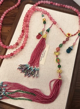 国潮桃花色斜挎项链多宝场流苏长款毛衣链女复古宫廷风项链