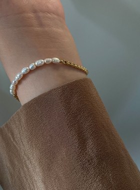 别样天然淡水珍珠链条不对称设计小众简约OT扣气质高级感手链女