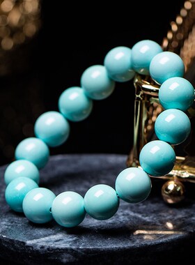 源石珠宝 天然无优化原矿 绿松石手链 佛珠 高瓷蓝 民族风文玩