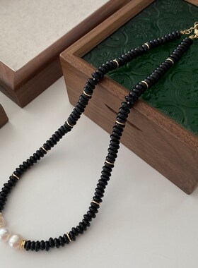 黑色天然石项链2023新款爆款串珠毛衣链秋冬叠带高级感珍珠锁骨链