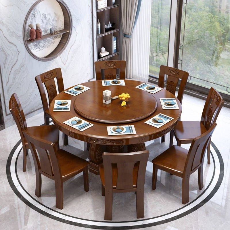 中式实木餐桌椅组合圆形吃饭桌子家用10人带转盘雕花电磁炉大圆桌,淘宝优惠券,粉丝福利购,淘宝优惠卷