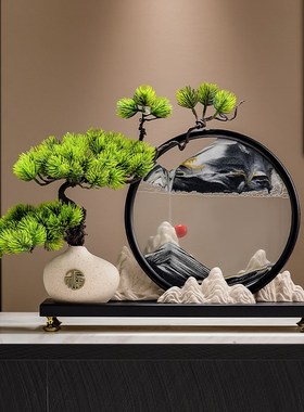 新中式迎客松流沙画办公室办公桌装饰品摆件客厅家居博古架工艺品