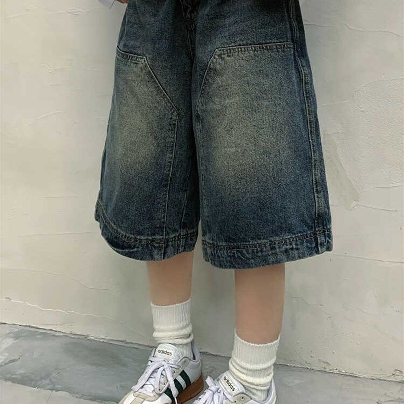 大码美式复古水洗做旧牛仔短裤男女国潮高街直筒阔腿休闲七分裤子,淘宝优惠券,粉丝福利购,淘宝优惠卷