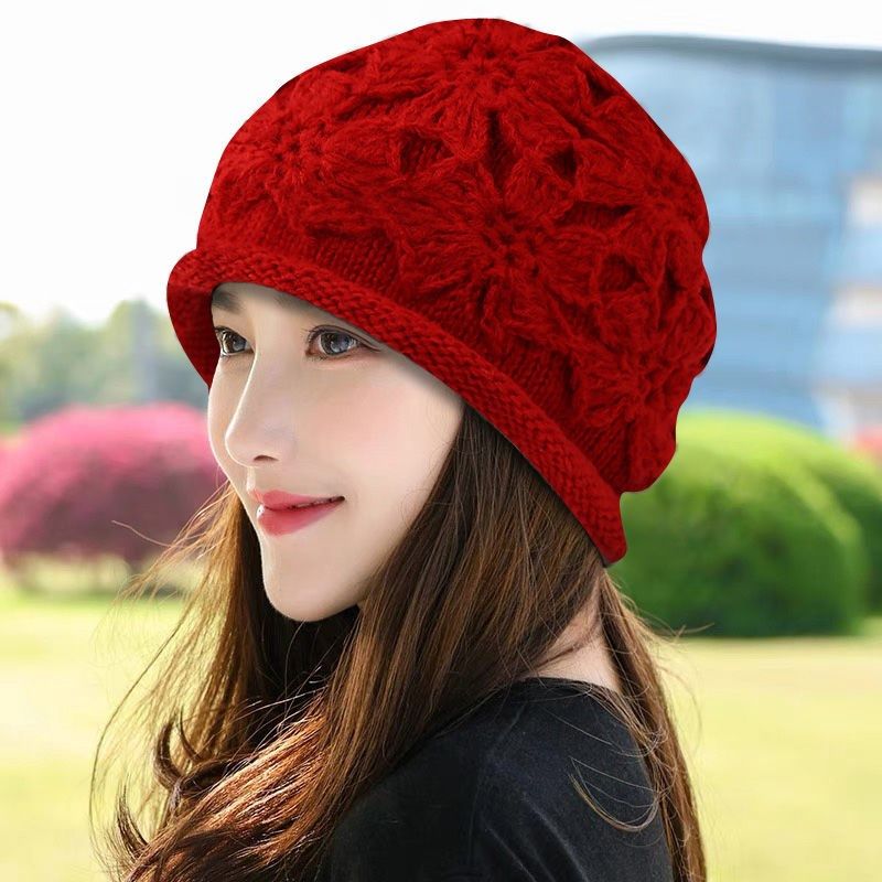帽子女秋冬毛线帽手工钩花套头帽优雅包头帽针织帽保暖花朵帽子,淘宝优惠券,粉丝福利购,淘宝优惠卷