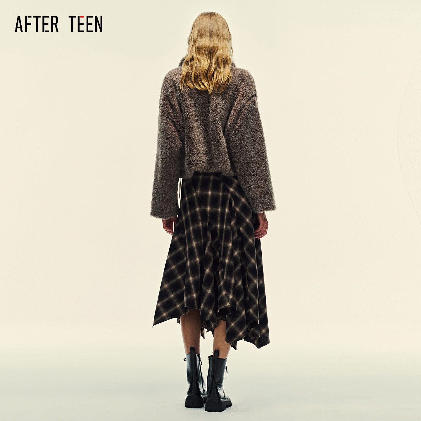 AFTER TEEN斜裁工艺 不对称裙边 双倍耗料 格纹阔摆格纹半身长裙 - 图3