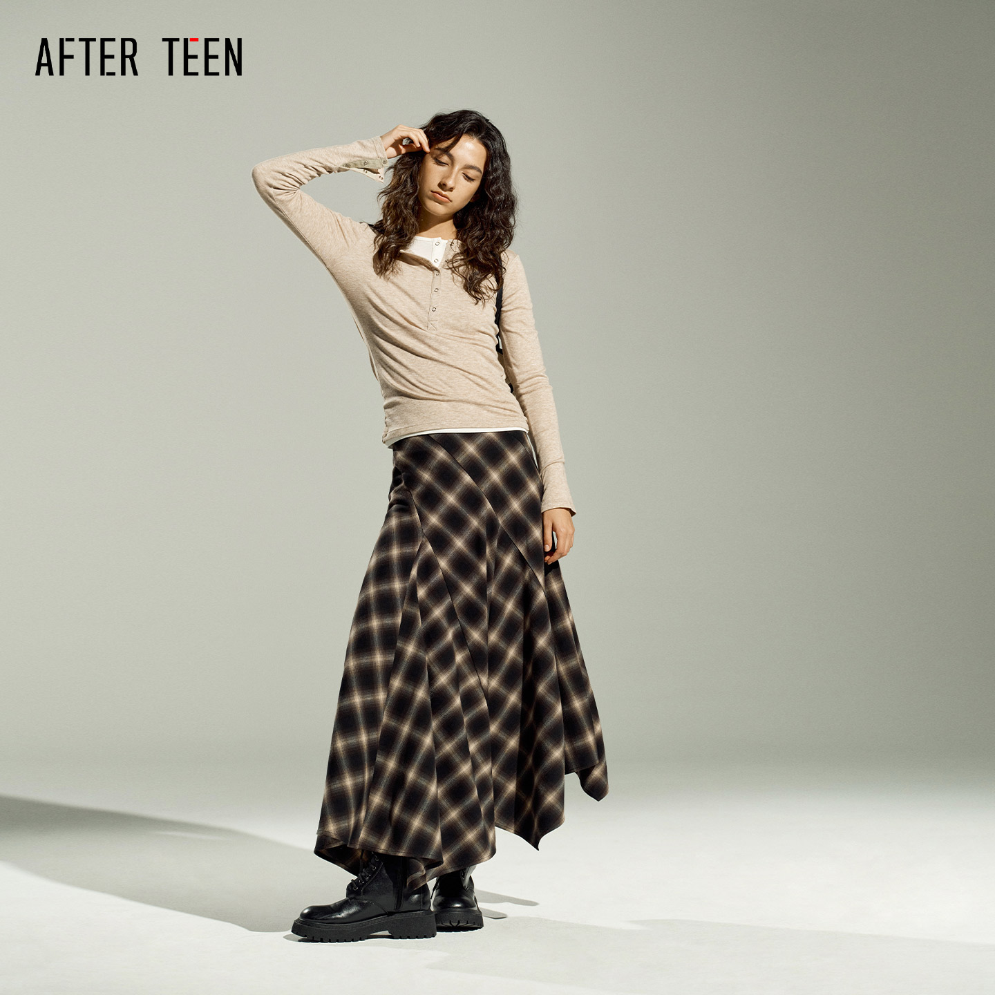 AFTER TEEN斜裁工艺 不对称裙边 双倍耗料 格纹阔摆格纹半身长裙 - 图0
