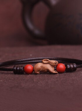 龙年天然桃木朱砂手绳雕刻十二生肖本命年民族风饰品红绳手链男女