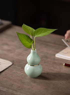 新中式招财葫芦摆件红色陶瓷家居玄E关茶桌面装饰干花插花水培花