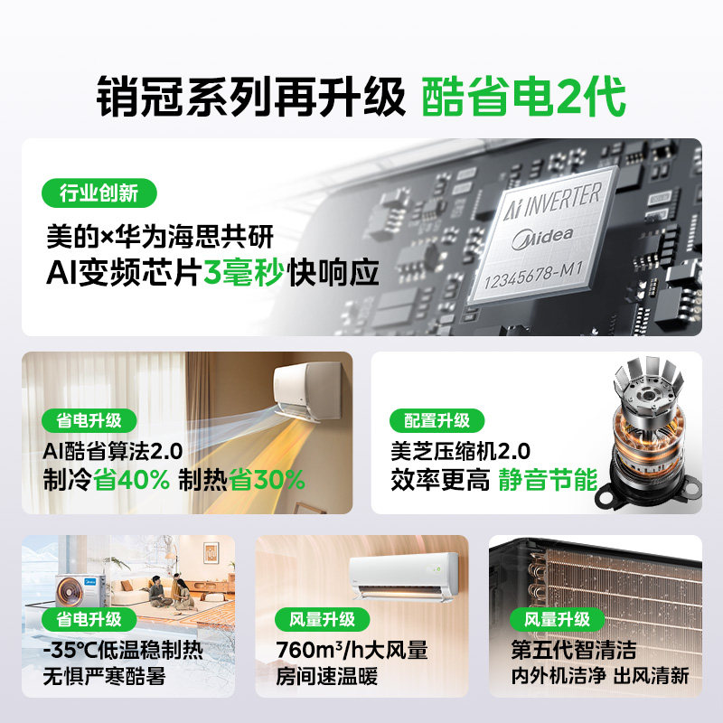 美的空调酷省电二代1.5匹1匹新一级能效冷暖变频家用卧室壁挂机