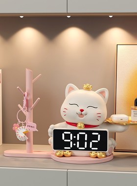 入户玄关钥匙收纳摆件招财猫带时钟进门鞋柜装饰家居乔迁新居礼品