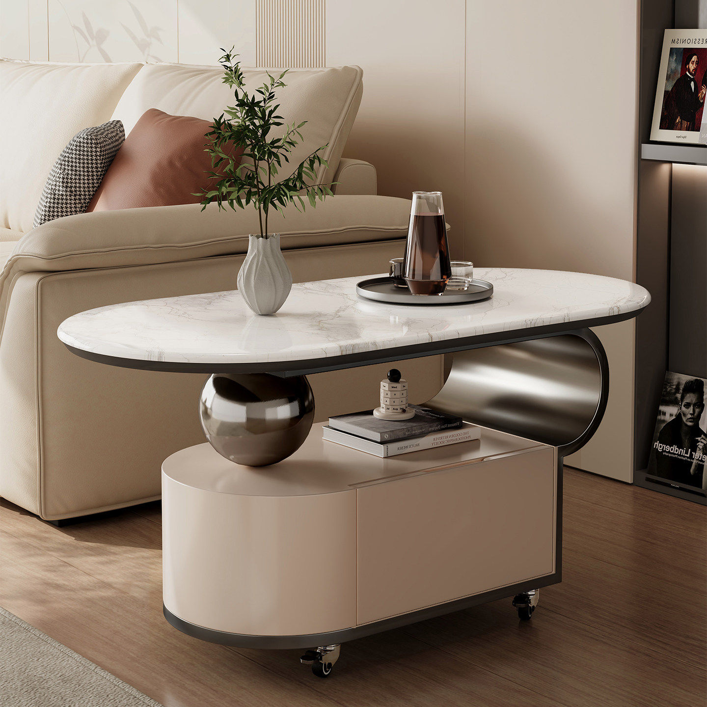 现代简约椭圆形移动边几带轮储物茶几小推车客厅超晶石推车茶几,淘宝优惠券,粉丝福利购,淘宝优惠卷