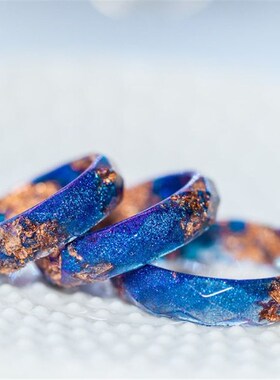 蓝色和玫瑰色树脂戒指,男士戒指可叠戴戒指,独特订婚戒指
