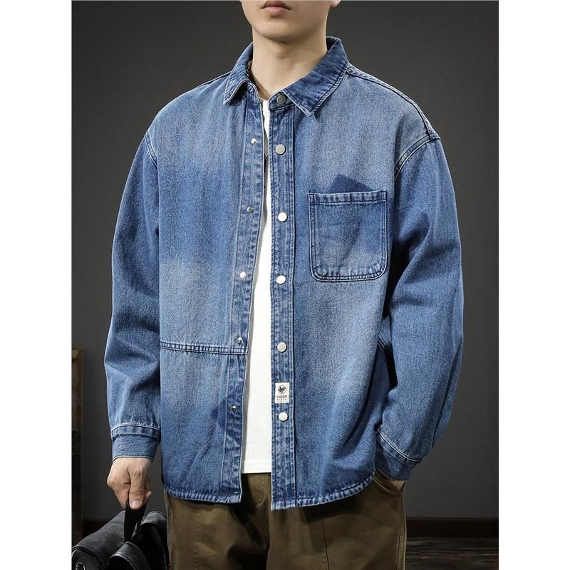 2025春季潮牌设计感拼接牛仔衬衫男美式水洗长袖衬衣宽松翻领外套,淘宝优惠券,粉丝福利购,淘宝优惠卷