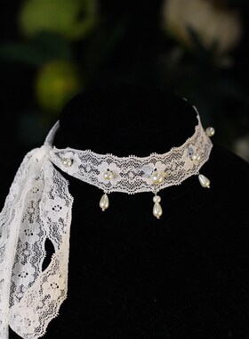 日韩蕾丝珍珠长款颈带锁骨链 超仙甜美少女白色花朵气质项圈颈链