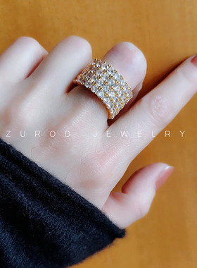 阿苏诺微镶锆石宽戒指多排四排钻大码号女多层水钻中食指粗手男士