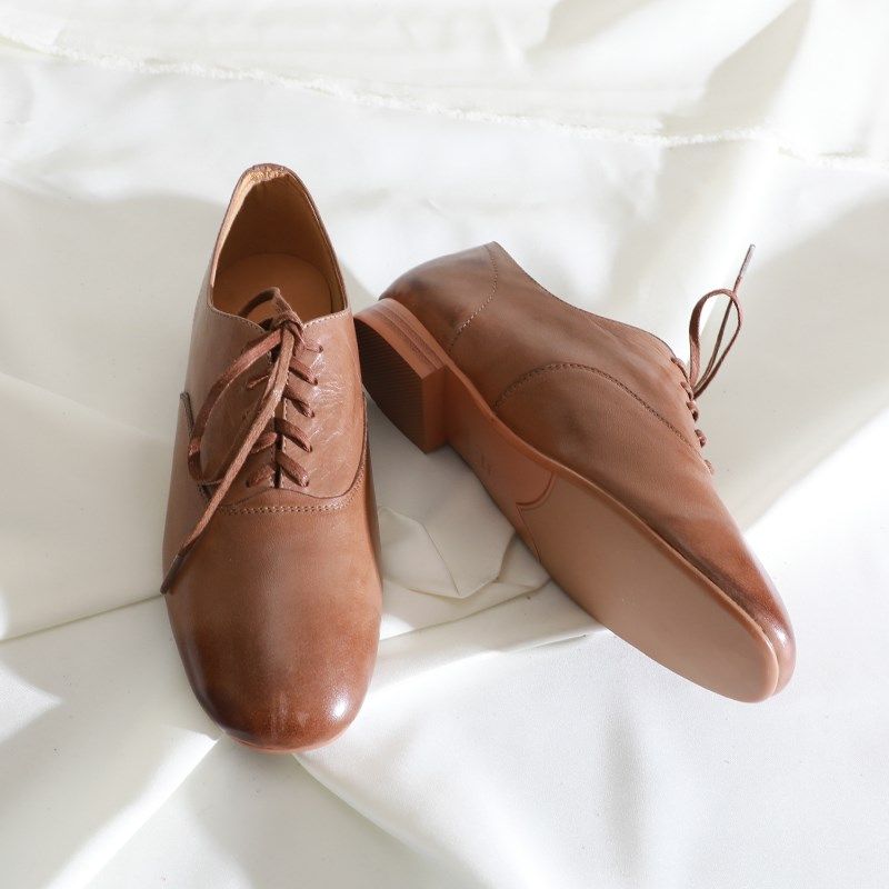 莲花府邸2025春季复古英伦单鞋深口系带粗跟牛皮女鞋学院风小皮鞋,淘宝优惠券,粉丝福利购,淘宝优惠卷