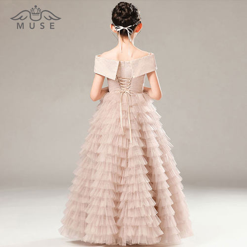 一字肩儿童礼服粉色公主裙钢琴演出服主持蛋糕礼服裙生日蓬蓬长裙 - 图1