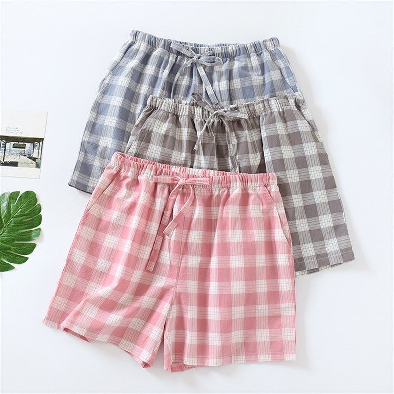 夏季格子情侣睡裤男士纯棉五分短裤大码沙滩裤水洗棉女三分裤薄款,淘宝优惠券,粉丝福利购,淘宝优惠卷