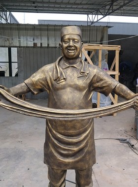 定制玻璃钢仿铜人物雕像拉v面彩绘树脂饭店门口小二迎宾小吃街摆