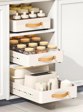 伸缩厨房置物架抽拉式水槽下柜内调料收纳盒橱柜拉篮抽屉式厨具架