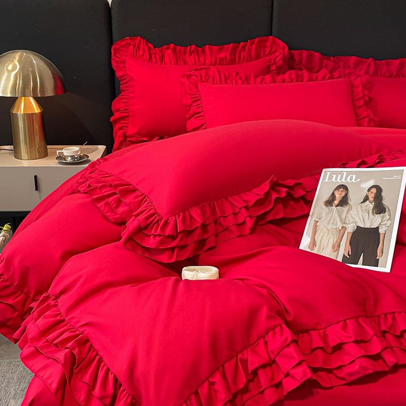 韩式大红色公主风四件套花边被套婚庆牀上用品牀单被套结婚婚房喜,淘宝优惠券,粉丝福利购,淘宝优惠卷