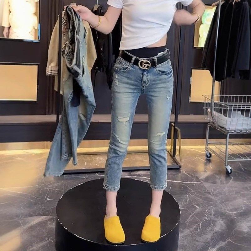 2025春季新款复古修身九分烟管裤大码女装高腰显瘦直筒破洞牛仔裤,淘宝优惠券,粉丝福利购,淘宝优惠卷