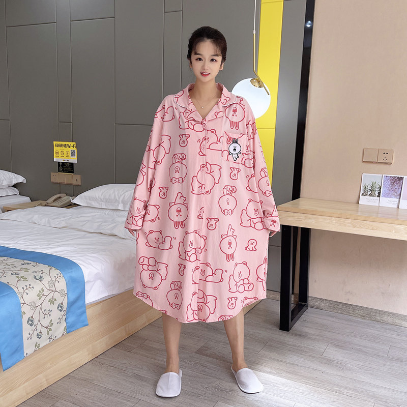 卡通熊开衫大码睡裙女200斤纯棉长袖春秋胖妹妹休闲睡衣家居服,淘宝优惠券,粉丝福利购,淘宝优惠卷