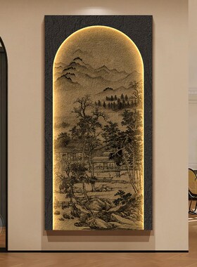 中古风带灯玄关装饰画法式复古入户门走廊过道挂画高级感竹子壁画