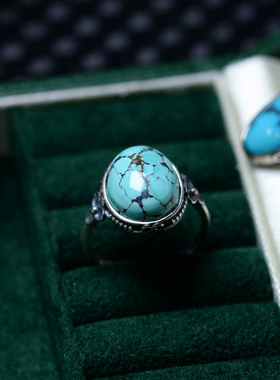 捡漏湖北天然绿松石戒指女925银镶嵌蛋面男款原矿高瓷蓝绿松指环