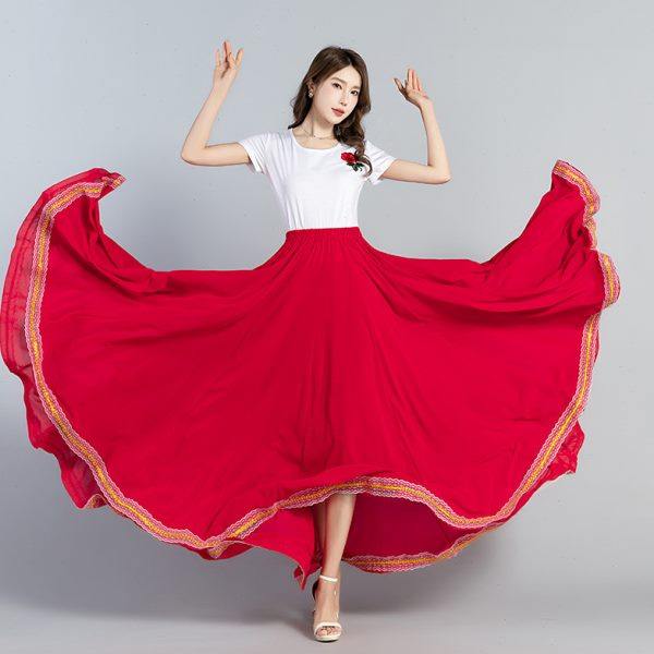 蕗依纯红色半身长裙女a字春夏雪纺显瘦新疆广场舞裙大摆720垂坠感,淘宝优惠券,粉丝福利购,淘宝优惠卷