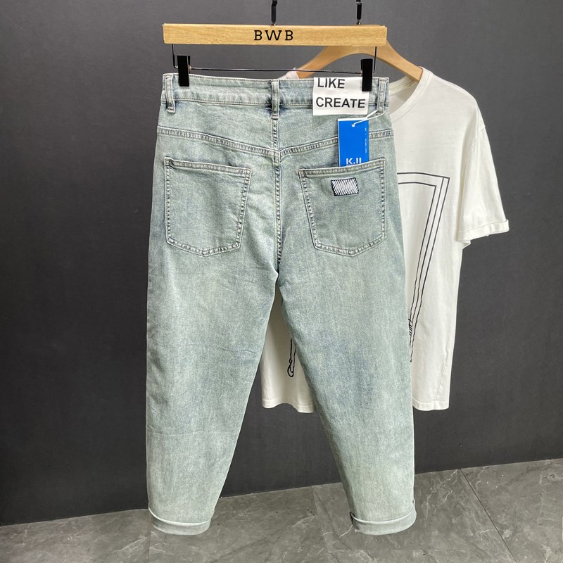 Trendy brand high-end quality light blue men's jeans loose breathable straight American high street casual nine-point pants