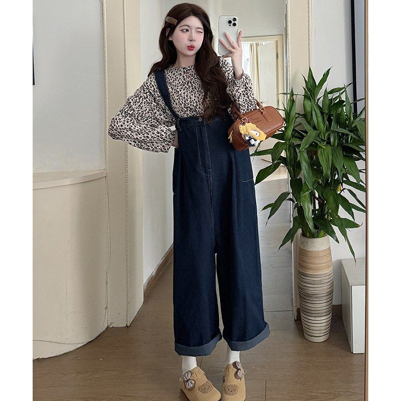 孕妇套装春秋2025新款韩版休闲减龄蓝色宽松牛仔背带裤上衣两件套,淘宝优惠券,粉丝福利购,淘宝优惠卷