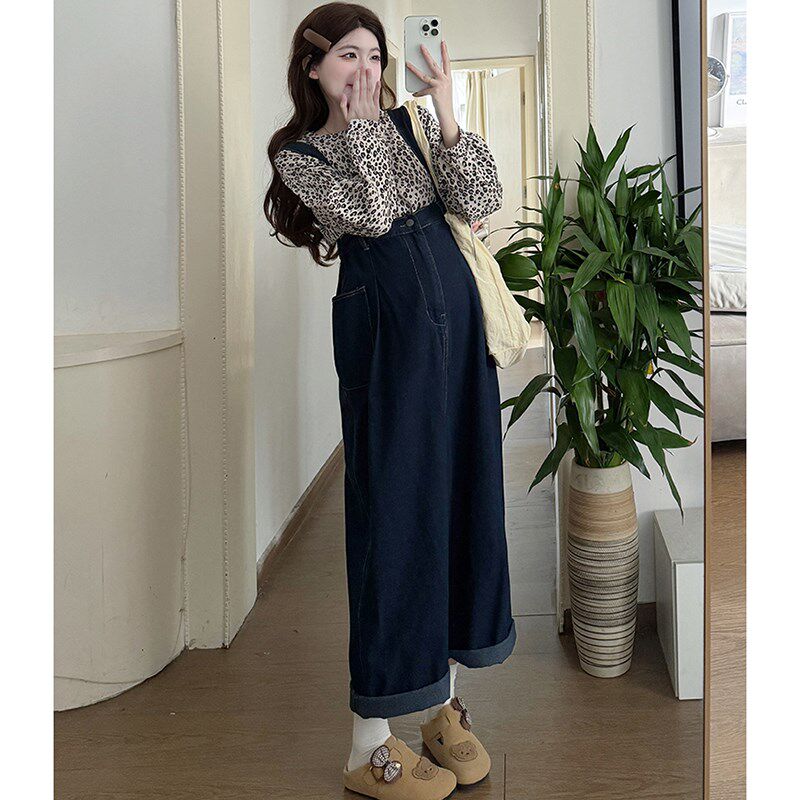 孕妇套装春秋2025新款韩版休闲减龄蓝色宽松牛仔背带裤上衣两件套,淘宝优惠券,粉丝福利购,淘宝优惠卷