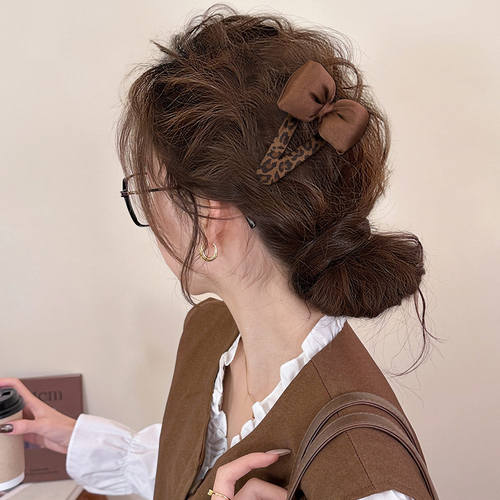 豹纹蝴蝶结发夹女边夹侧边夹发卡前额碎发刘海夹2025新款高端头饰 - 图1