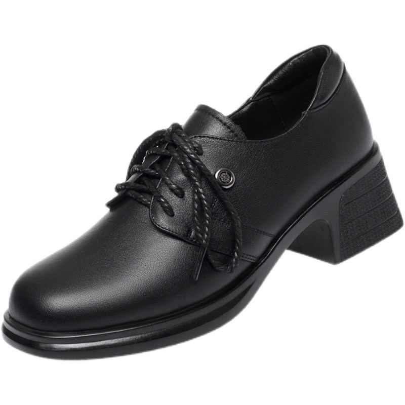 春秋季女单鞋真皮小皮鞋中跟粗跟英伦系带深口软底防滑工作鞋百搭,淘宝优惠券,粉丝福利购,淘宝优惠卷