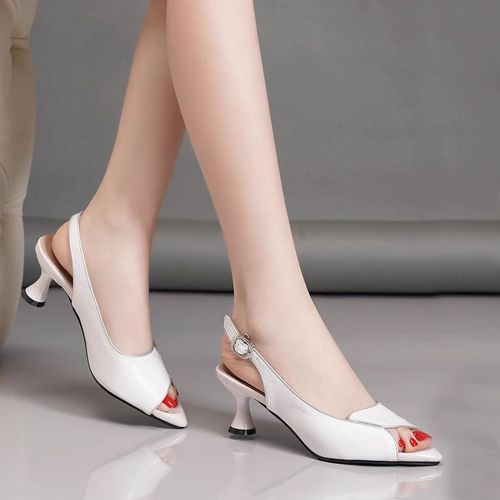 舒适柔软时尚粗跟鱼嘴凉鞋女2025夏新款舒适软皮中跟真皮高跟鞋子 - 图1