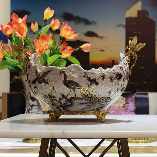 欧式摆件陶瓷配铜美式法式玄关摆件奢华家居实用花瓶瓷包铜花瓶 - 图2