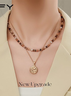 美拉德虎眼石串珠项链女生秋天2025新款复古小众叠戴天然石锁骨链