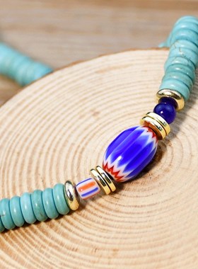 新款绿松石千花琉璃项链复古民族风水晶串珠锁骨链个性百搭小众女